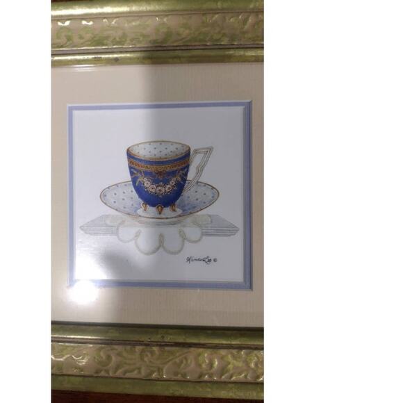 Vtg Wanda Lee Framed Print of a Victorian Blue Teacup and Saucer on a Doily - Picture 4 of 4